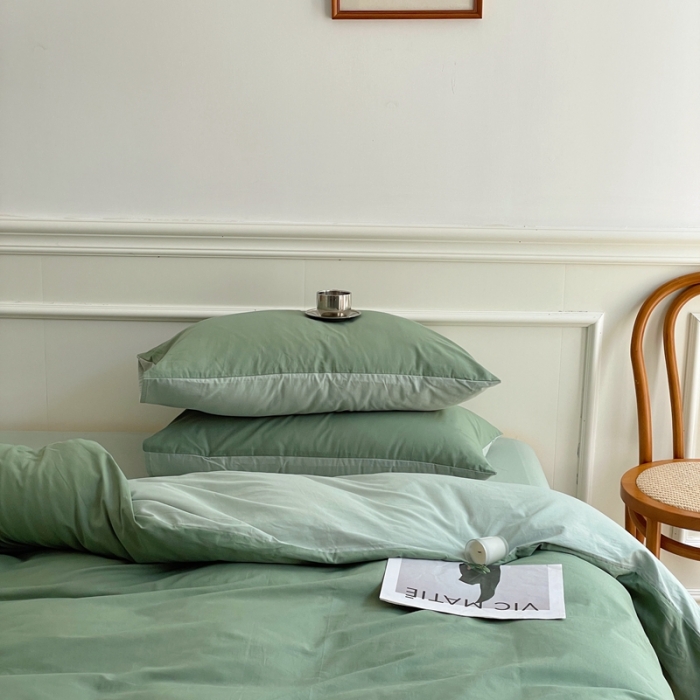 91家纺网 家纺一手货源 找家纺 窝米 2022夏季新品素色双拼水洗棉四件套 抹茶绿双拼