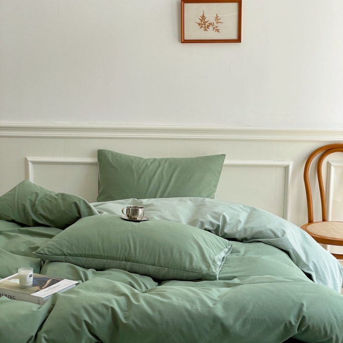 91家纺网 家纺一手货源 找家纺 窝米 2022夏季新品素色双拼水洗棉四件套 抹茶绿双拼