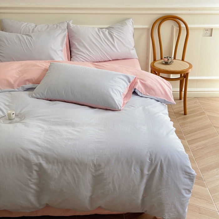 91家纺网 家纺一手货源 找家纺 窝米 2022夏季新品素色双拼水洗棉四件套 少女粉双拼