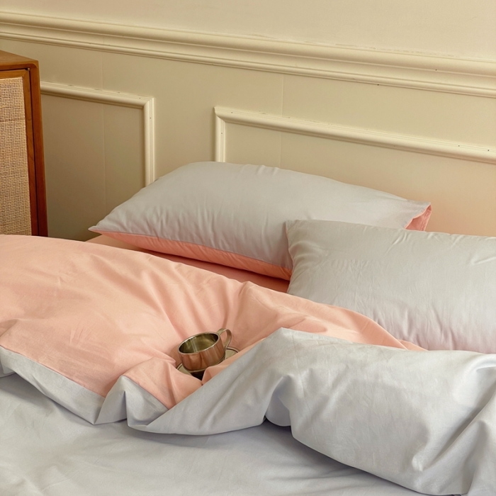 91家纺网 家纺一手货源 找家纺 窝米 2022夏季新品素色双拼水洗棉四件套 少女粉双拼