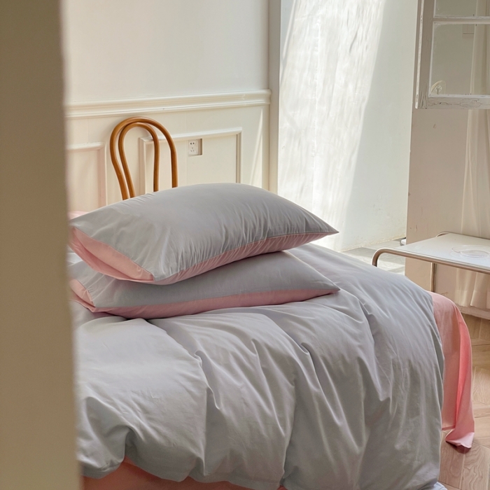 91家纺网 家纺一手货源 找家纺 窝米 2022夏季新品素色双拼水洗棉四件套 少女粉双拼