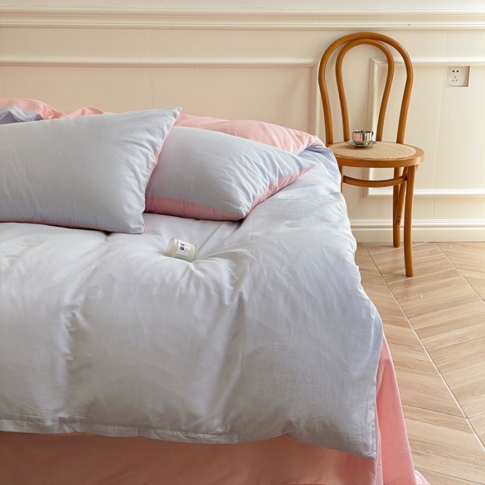 91家纺网 家纺一手货源 找家纺 窝米 2022夏季新品素色双拼水洗棉四件套 少女粉双拼