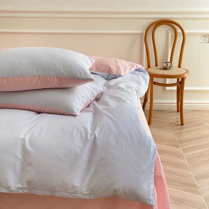 91家纺网 家纺一手货源 找家纺 窝米 2022夏季新品素色双拼水洗棉四件套 少女粉双拼