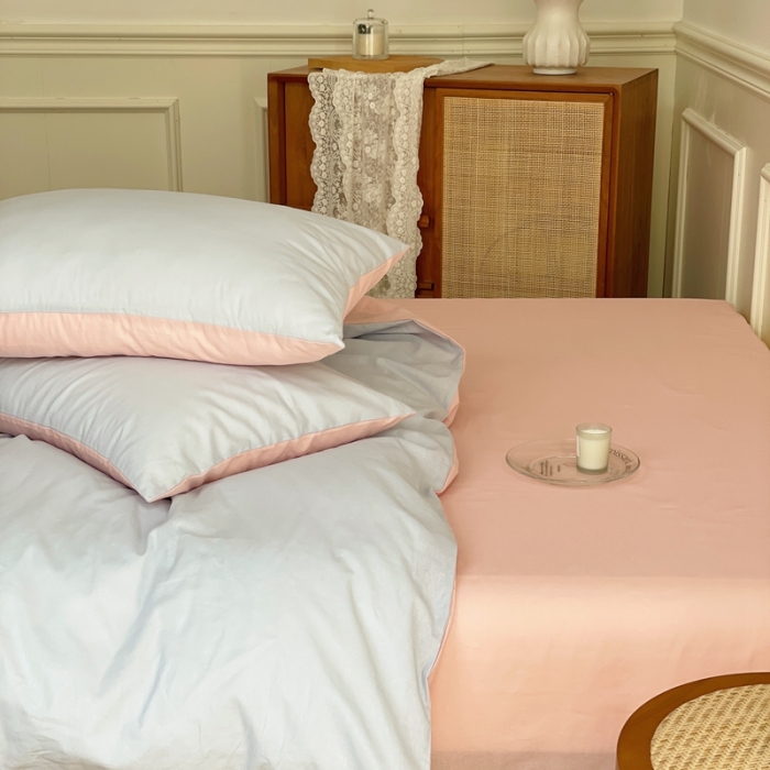 91家纺网 家纺一手货源 找家纺 窝米 2022夏季新品素色双拼水洗棉四件套 少女粉双拼