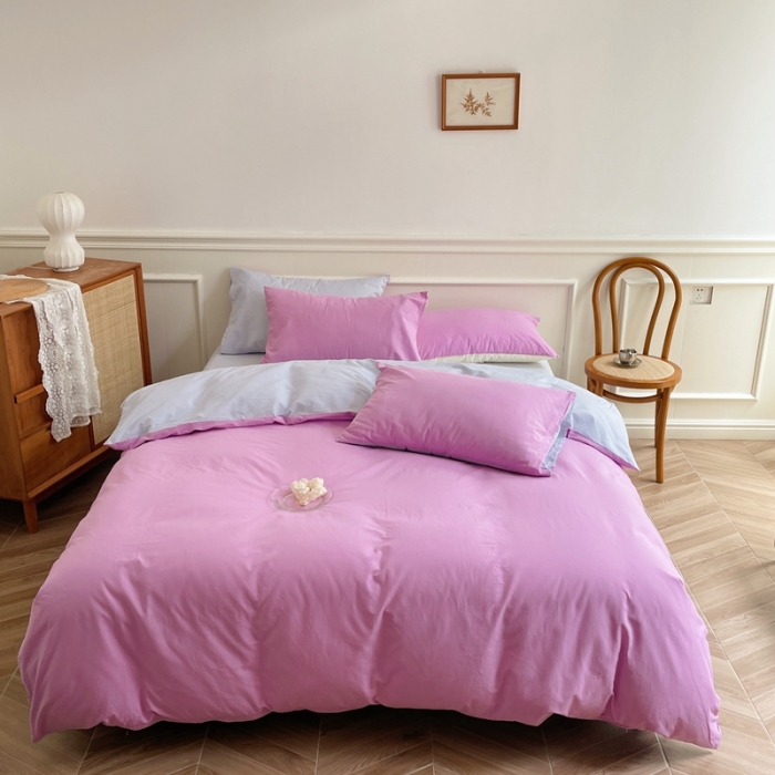 91家纺网 家纺一手货源 找家纺 窝米 2022夏季新品素色双拼水洗棉四件套 神仙紫双拼