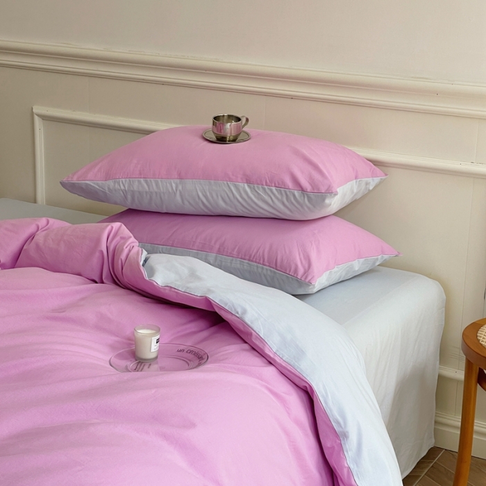 91家纺网 家纺一手货源 找家纺 窝米 2022夏季新品素色双拼水洗棉四件套 神仙紫双拼