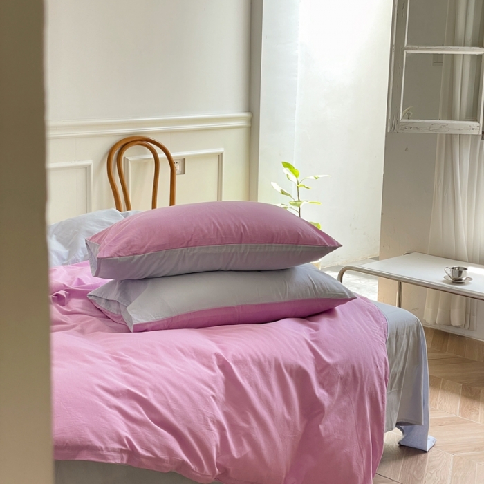 91家纺网 家纺一手货源 找家纺 窝米 2022夏季新品素色双拼水洗棉四件套 神仙紫双拼