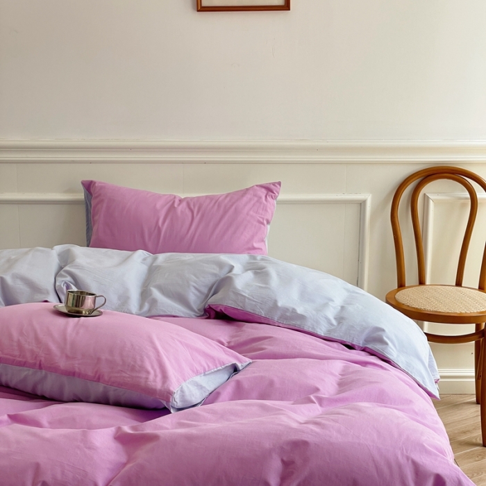 91家纺网 家纺一手货源 找家纺 窝米 2022夏季新品素色双拼水洗棉四件套 神仙紫双拼