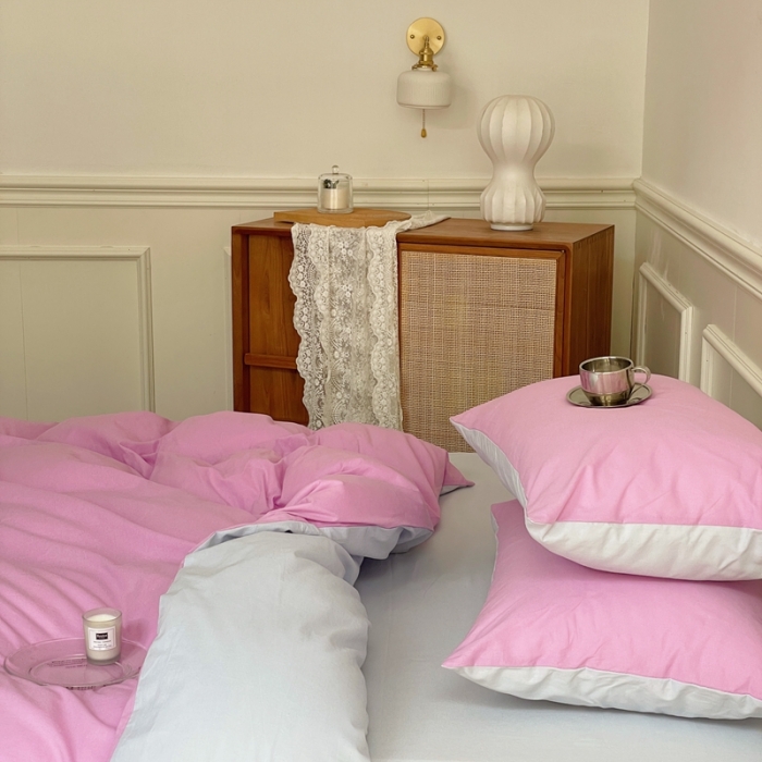 91家纺网 家纺一手货源 找家纺 窝米 2022夏季新品素色双拼水洗棉四件套 神仙紫双拼