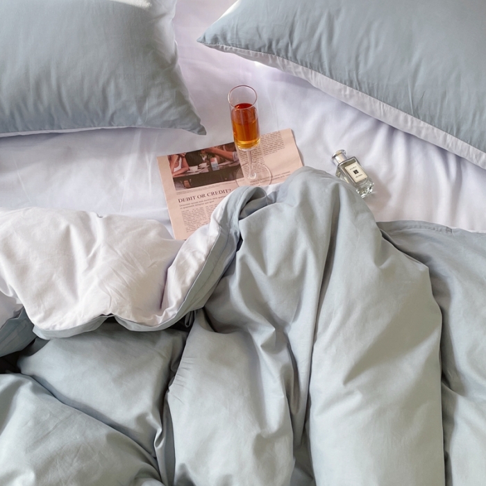 91家纺网 家纺一手货源 找家纺 窝米 2022夏季新品素色双拼水洗棉四件套 雾霾蓝双拼