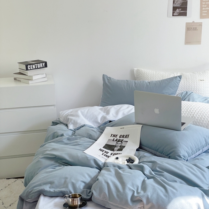 91家纺网 家纺一手货源 找家纺 窝米 2022夏季新品素色双拼水洗棉四件套 雾霾蓝双拼