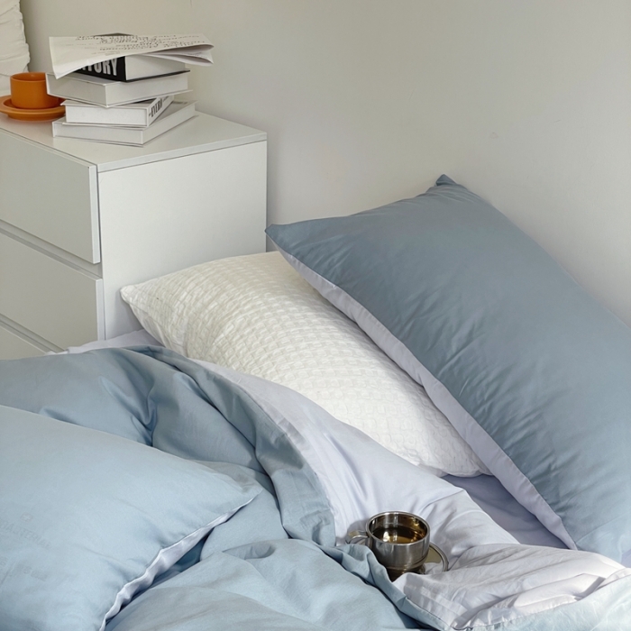 91家纺网 家纺一手货源 找家纺 窝米 2022夏季新品素色双拼水洗棉四件套 雾霾蓝双拼