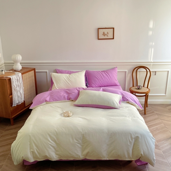 91家纺网 家纺一手货源 找家纺 窝米 2022夏季新品素色双拼水洗棉四件套 芝士双拼