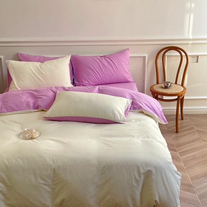 91家纺网 家纺一手货源 找家纺 窝米 2022夏季新品素色双拼水洗棉四件套 芝士双拼