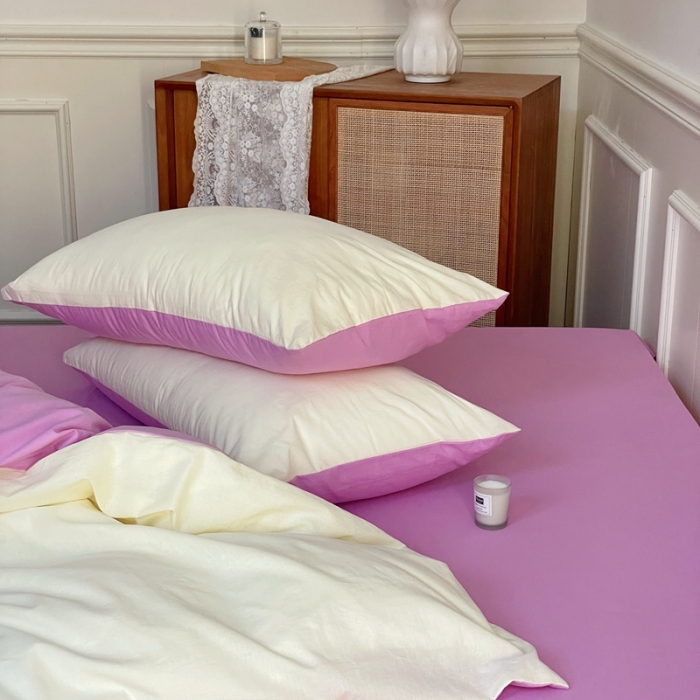 91家纺网 家纺一手货源 找家纺 窝米 2022夏季新品素色双拼水洗棉四件套 芝士双拼