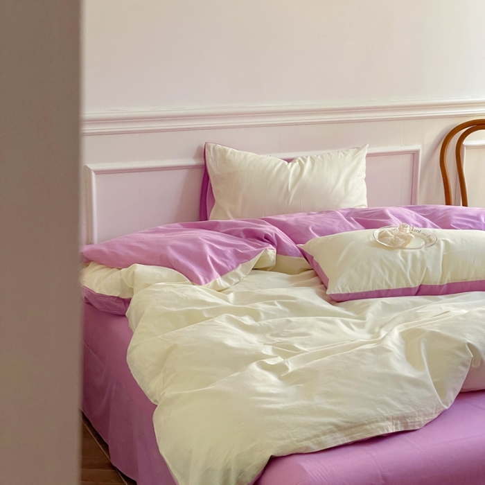 91家纺网 家纺一手货源 找家纺 窝米 2022夏季新品素色双拼水洗棉四件套 芝士双拼