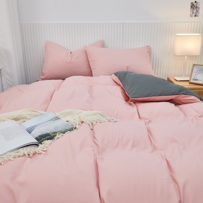 91家纺网 家纺一手货源 找家纺 乐居坊 2023新款纯色忆丝棉四件套 香菲-粉玉＋灰