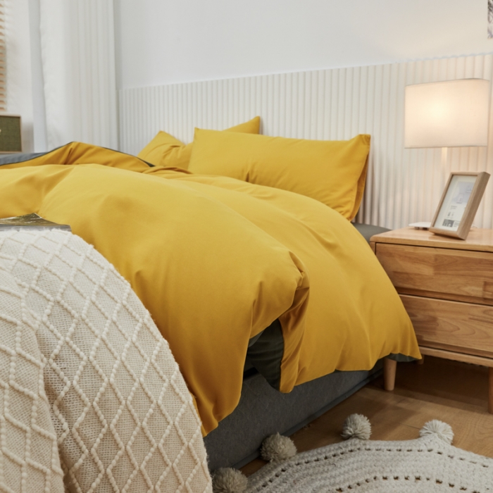 91家纺网 家纺一手货源 找家纺 乐居坊 2023新款纯色忆丝棉四件套 香菲-姜黄＋灰