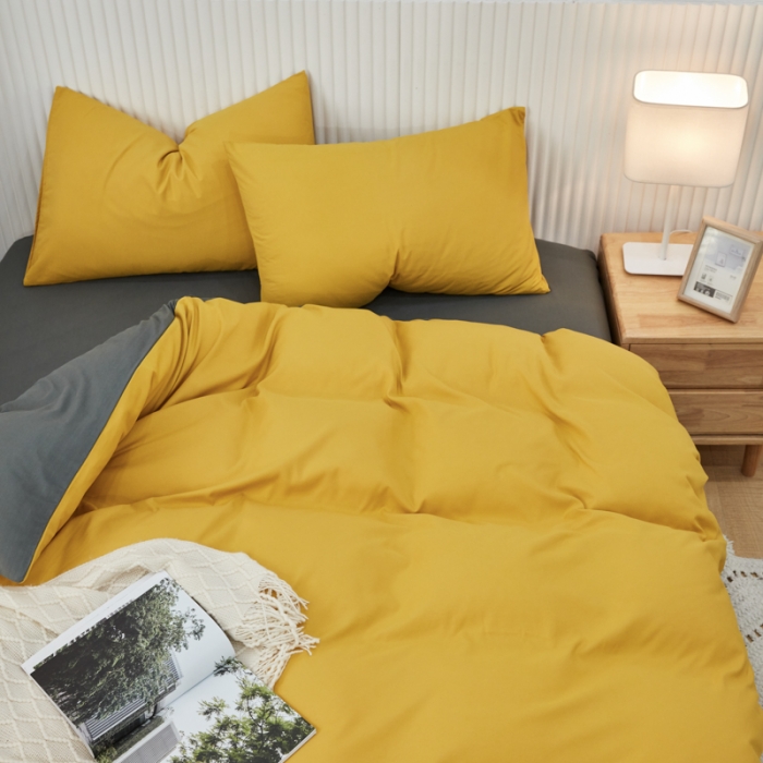 91家纺网 家纺一手货源 找家纺 乐居坊 2023新款纯色忆丝棉四件套 香菲-姜黄＋灰