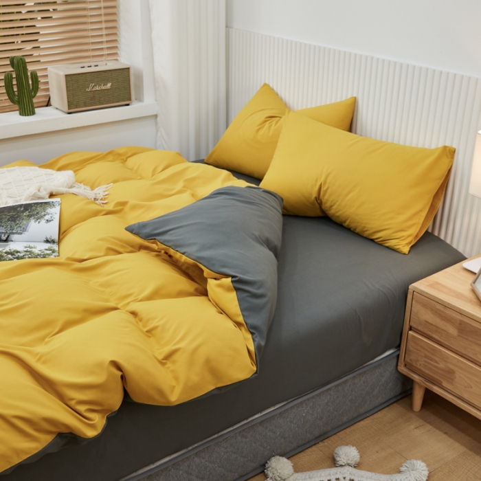 91家纺网 家纺一手货源 找家纺 乐居坊 2023新款纯色忆丝棉四件套 香菲-姜黄＋灰