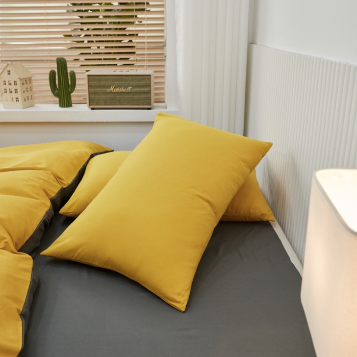 91家纺网 家纺一手货源 找家纺 乐居坊 2023新款纯色忆丝棉四件套 香菲-姜黄＋灰