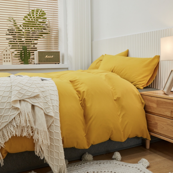 91家纺网 家纺一手货源 找家纺 乐居坊 2023新款纯色忆丝棉四件套 香菲-姜黄＋灰