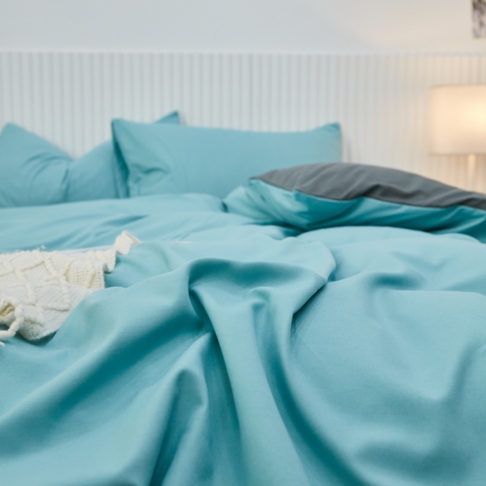 91家纺网 家纺一手货源 找家纺 乐居坊 2023新款纯色忆丝棉四件套 香菲-水绿＋灰