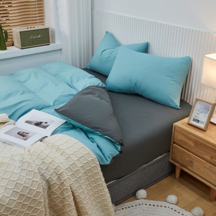 91家纺网 家纺一手货源 找家纺 乐居坊 2023新款纯色忆丝棉四件套 香菲-水绿＋灰