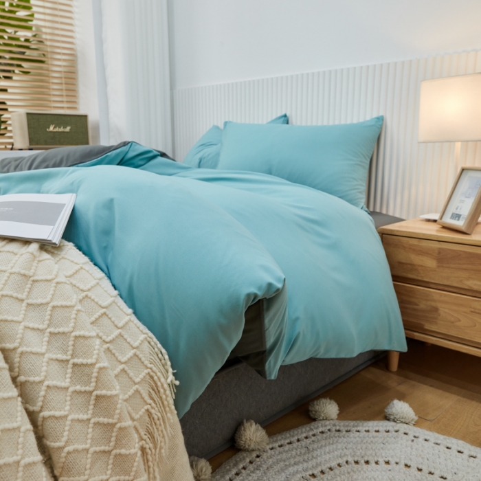 91家纺网 家纺一手货源 找家纺 乐居坊 2023新款纯色忆丝棉四件套 香菲-水绿＋灰