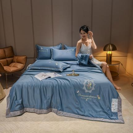 苏东来2022居里花卉水洗真丝夏被四件套冰天丝刺绣夏凉空调被 盛开湖蓝
