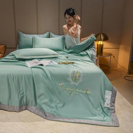 苏东来2022居里花卉水洗真丝夏被四件套冰天丝刺绣夏凉空调被 盛开水绿
