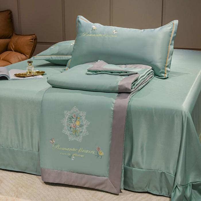 91家纺网 家纺一手货源 找家纺 苏东来2022居里花卉水洗真丝夏被四件套冰天丝刺绣夏凉空调被 盛开水绿