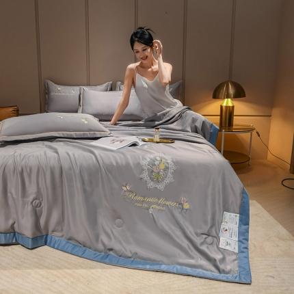 苏东来2022居里花卉水洗真丝夏被四件套冰天丝刺绣夏凉空调被 盛开银灰