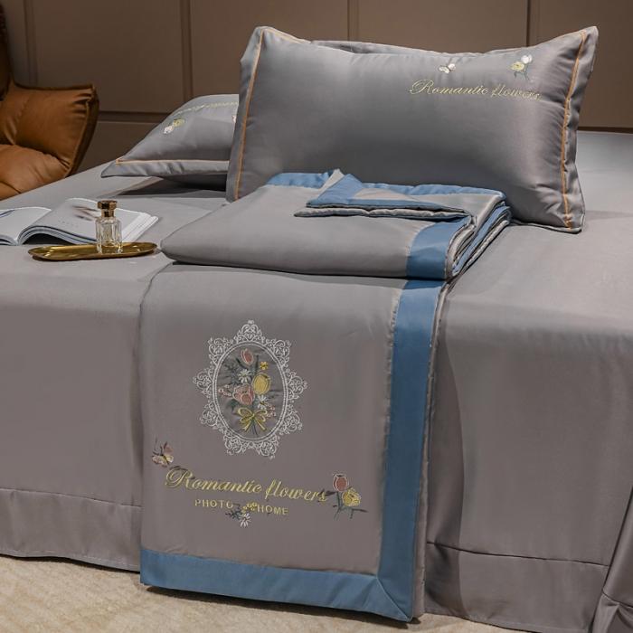 91家纺网 家纺一手货源 找家纺 苏东来2022居里花卉水洗真丝夏被四件套冰天丝刺绣夏凉空调被 盛开银灰