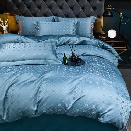 91家纺网 家纺一手货源 找家纺 韩秀家纺 2022新款水洗真丝提花四件套 帝菲娜-蓝