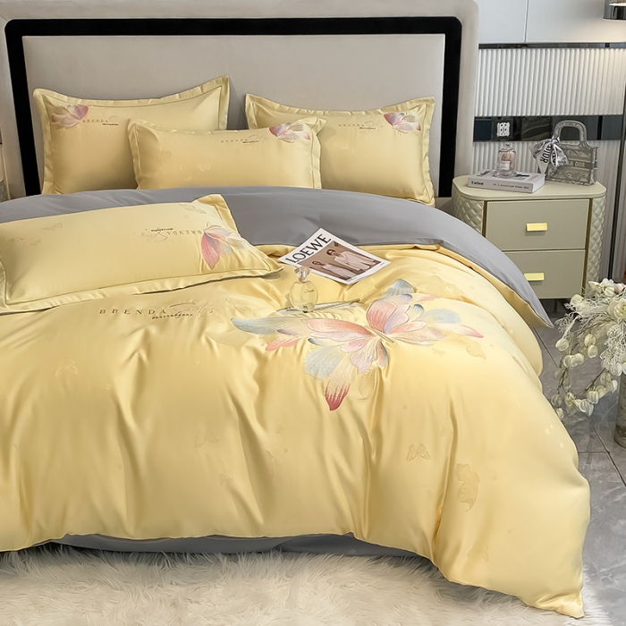 91家纺网 家纺一手货源 找家纺 涵宸 2022新款提花刺绣四件套 花花世界-阳光黄