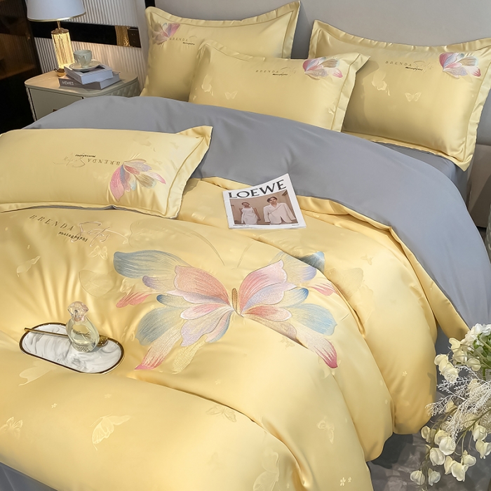 91家纺网 家纺一手货源 找家纺 涵宸 2022新款提花刺绣四件套 花花世界-阳光黄