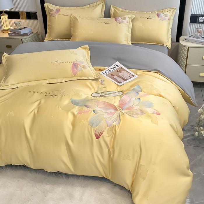 91家纺网 家纺一手货源 找家纺 涵宸 2022新款提花刺绣四件套 花花世界-阳光黄