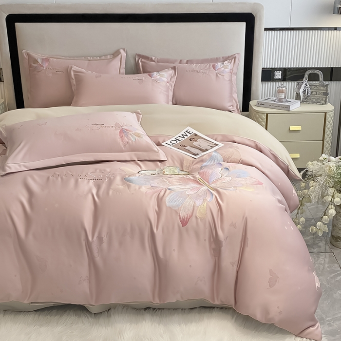 91家纺网 家纺一手货源 找家纺 涵宸 2022新款提花刺绣四件套 花花世界-甜蜜粉