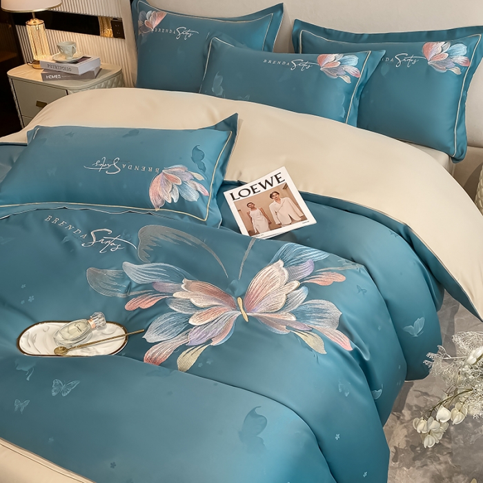 91家纺网 家纺一手货源 找家纺 涵宸 2022新款提花刺绣四件套 花花世界-绅士蓝