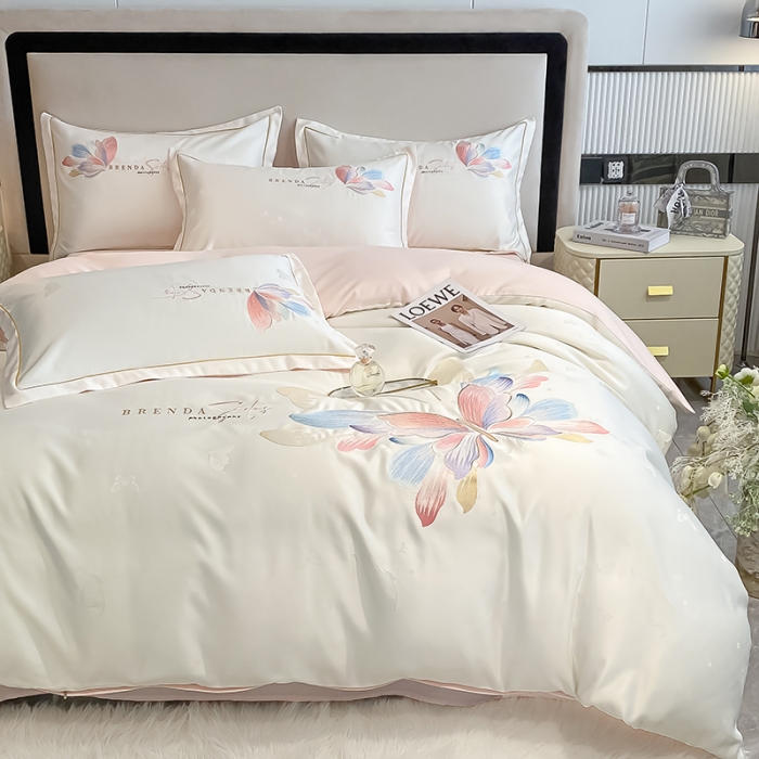 91家纺网 家纺一手货源 找家纺 涵宸 2022新款提花刺绣四件套 花花世界-米白