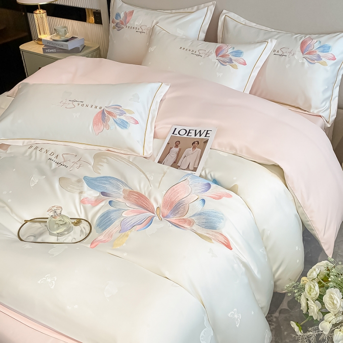 91家纺网 家纺一手货源 找家纺 涵宸 2022新款提花刺绣四件套 花花世界-米白