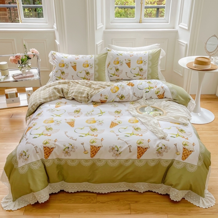 91家纺网 家纺一手货源 找家纺 圆岛 2022新款全棉大版数码印花森系四件套 可丽鸭