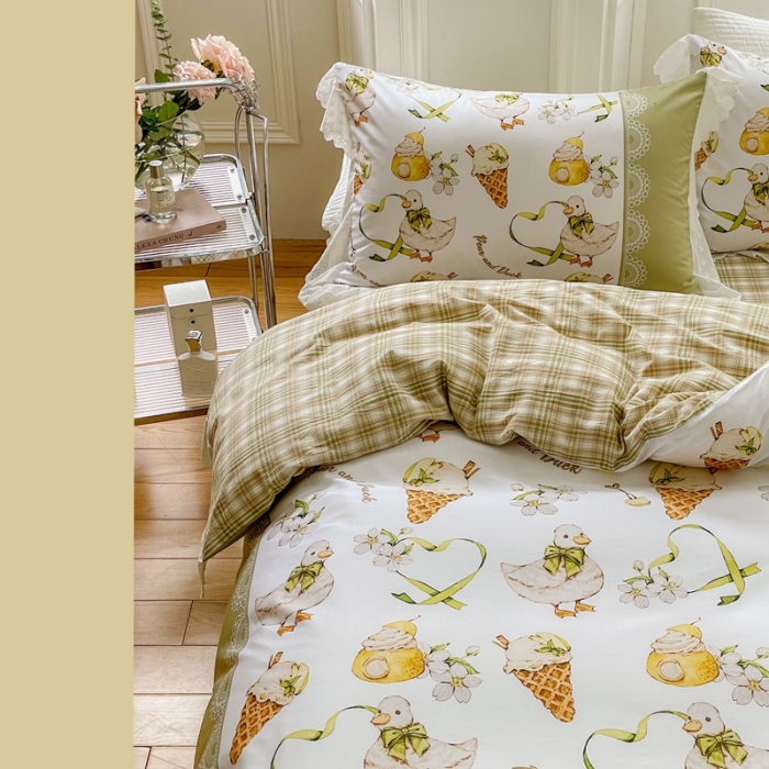 91家纺网 家纺一手货源 找家纺 圆岛 2022新款全棉大版数码印花森系四件套 可丽鸭