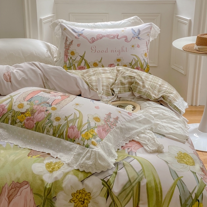 91家纺网 家纺一手货源 找家纺 圆岛 2022新款全棉大版数码印花森系四件套 恋恋花园