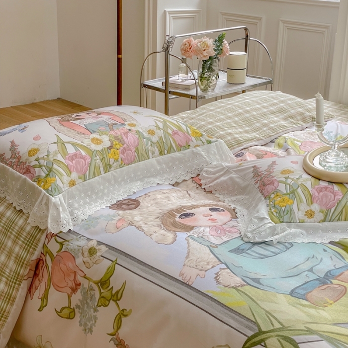 91家纺网 家纺一手货源 找家纺 圆岛 2022新款全棉大版数码印花森系四件套 恋恋花园