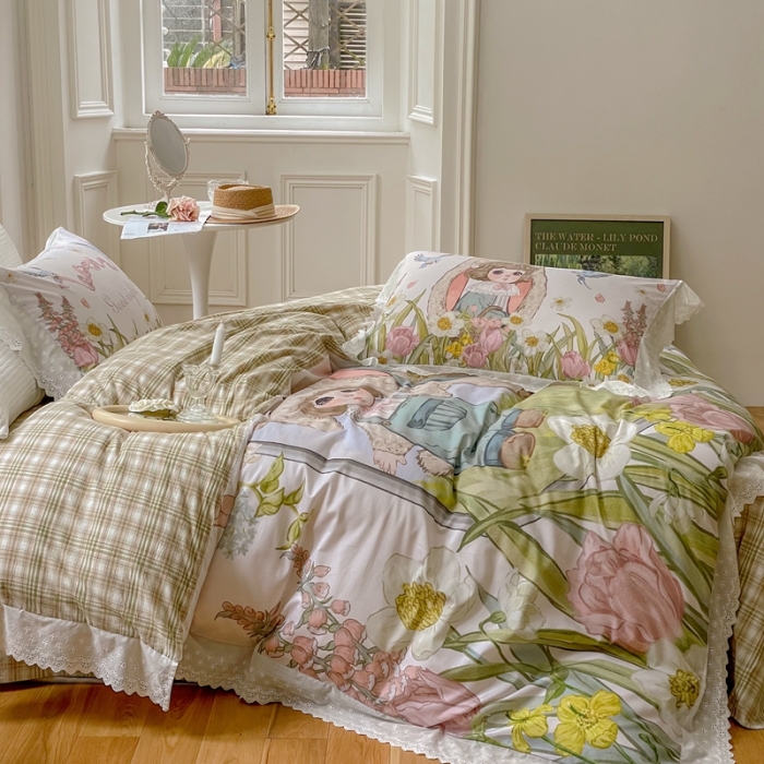 91家纺网 家纺一手货源 找家纺 圆岛 2022新款全棉大版数码印花森系四件套 恋恋花园