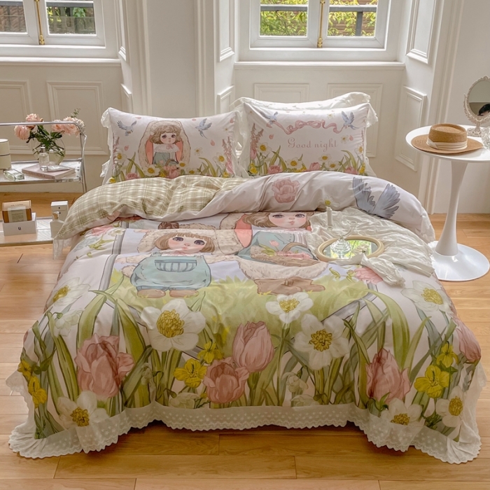 91家纺网 家纺一手货源 找家纺 圆岛 2022新款全棉大版数码印花森系四件套 恋恋花园