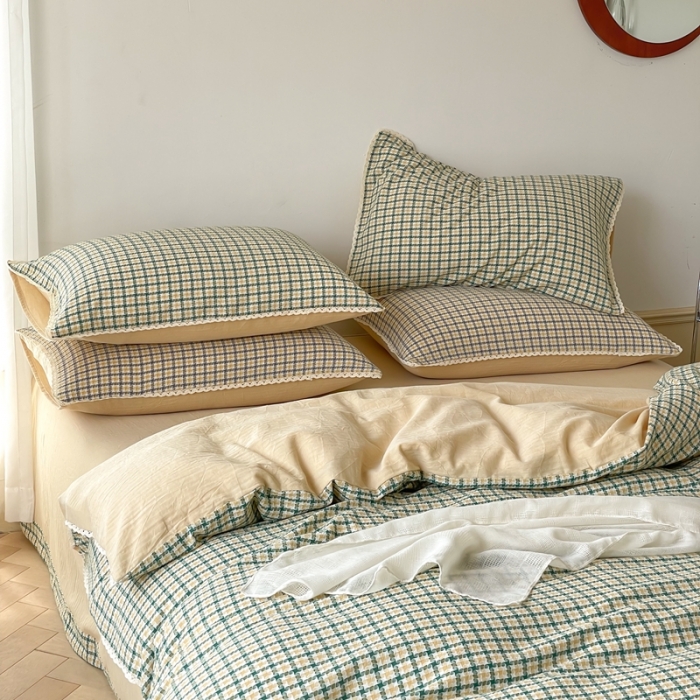 91家纺网 家纺一手货源 找家纺 （总）圆岛 2022新款色织小提花花边款全棉水洗棉四件套