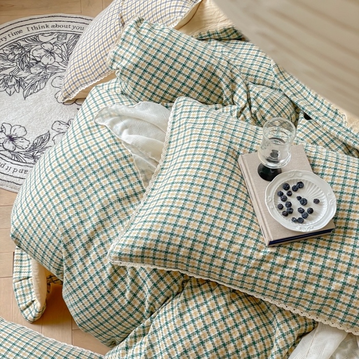 91家纺网 家纺一手货源 找家纺 （总）圆岛 2022新款色织小提花花边款全棉水洗棉四件套